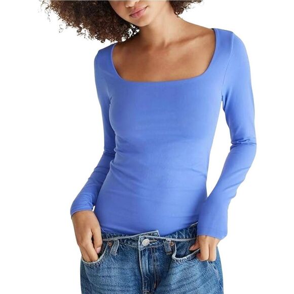 Periwinkle Blue Women's Poly/Spandex Square Neck Long Sleeve Fitted Shirt - Picture 1 of 7
